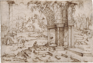 Lot 6629, Auction  116, Pittoni, Battista, Landschaftscapriccio mit römischen Ruinen und Lupa Romana