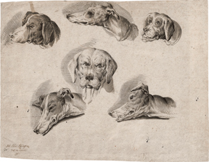 Lot 6714, Auction  116, Ridinger, Johann Elias, Studienblatt mit Hundeköpfen