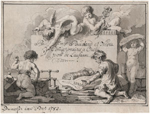 Lot 6720, Auction  116, Dunker, Balthasar Anton, Widmungsblatt: Putti und Knaben mit Fracht, Karten und Globus im Hafen von Lausanne.