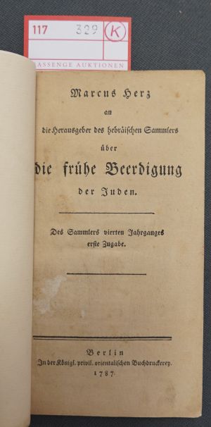 Lot 329, Auction  117, Herz, Markus, An die Herausgeber des hebräischen Sammlers über die frühe Beerdigung der Juden