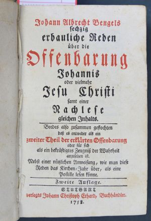 Lot 1086, Auction  117, Bengel, Johann Albrecht, Sechzig erbauliche Reden über die Offenbarung Johannis oder vielmehr Jesu Christi, samt einer Nachlese gleichen Inhalts