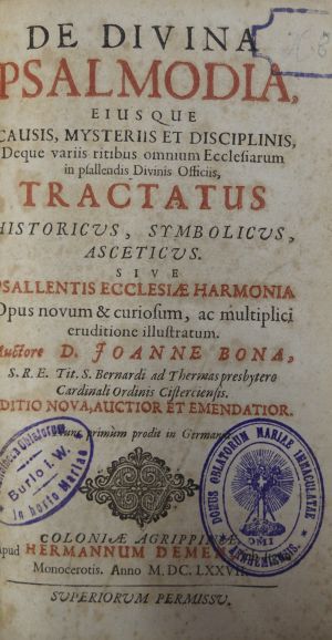 Lot 1543, Auction  117, Bona, Giovanni, De divina Psalmodia eiusque causis, mysteriis et disciplinis, deque variis ritibus omnium Ecclesiarum in psallendis Divinis Officiis, Tractatus historicus, symbolicus, ascetius sive Psallentis ecclesiae harmonia Opus novum & curiosum