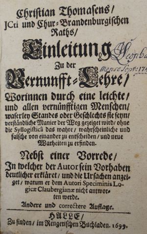 Lot 2119, Auction  117, Thomasius, Christian, Einleitung zu der Vernunfft-Lehre