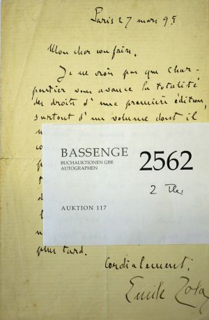 Lot 2562, Auction  117, Zola, Émile, Brief 1895