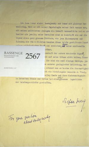 Lot 2567, Auction  117, Zweig, Stefan, Signiertes Typoskript