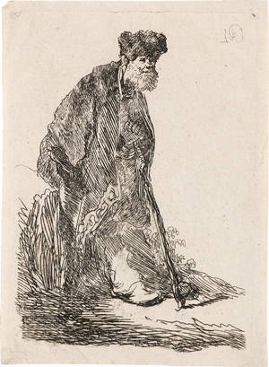 Lot 5633, Auction  117, Rembrandt Harmensz. van Rijn, Bärtiger Mann, an einen Erdhügel gelehnt stehend.