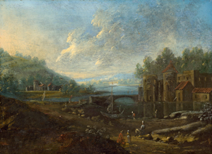 Lot 6000, Auction  117, Niederländisch, 18. Jh. . Flusslandschaft mit Burg