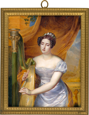 Lot 6034, Auction  117, Comte, Jacques-Louis, Bildnis einer harfespielenden jungen Frau in weißem Satinkleid mit bunt bordiertem orangem Kaschmirschal, auf Balkonterrasse sitzend vor orangem Vorhang mit Ausblick auf Landschaft rechts. Unten rechts signiert und datiert "L. Comte. pt. 1819.".