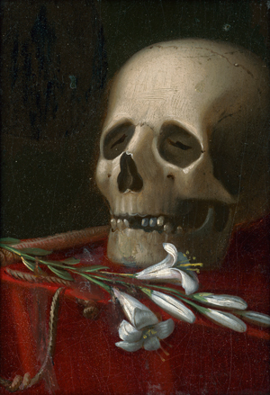 Lot 6455, Auction  117, Deutsch, um 1800. Memento Mori: Totenschädel, Lilienzweig und Geißel