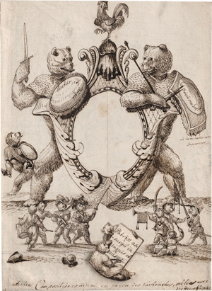 Lot 6605, Auction  117, Schweiz, 18. Jh. Kartusche mit allegorischen Figuren in Gestalt bewaffneter Bären