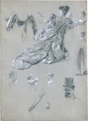 Lot 6781, Auction  117, Makart, Hans - Umkreis, Studienblatt mit einer jungen Frau in historisierendem Gewand und einzelnen Figurenskizzen