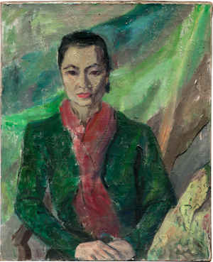 Lot 8201, Auction  117, Albert-Lasard, Lou, Porträt einer jungen, asiatischen Frau mit rotem Schal, sitzend