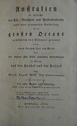 Lot 43, Auction  118, Zimmermann, Eberhard August Wilhelm von, Australien in Hinsicht der Erd-, Menschen und Produktenkunde