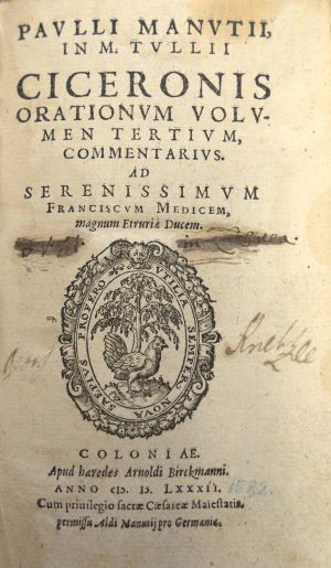 Lot 1043, Auction  118, Manutius, Aldus, In M. Tulli Ciceronis orationum volumen tertium commentarius 