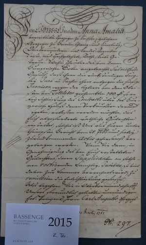Lot 2015, Auction  118, Anna Amalia, Herzogin von Sachsen-Weimar, Brief 1761 an die Weimar. Regierung