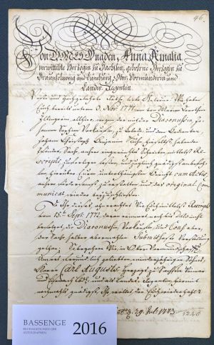 Lot 2016, Auction  118, Anna Amalia, Herzogin von Sachsen-Weimar, Brief 1773