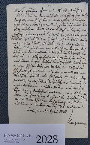 Lot 2028, Auction  118, Langermann, Johann Gottfried, Brief 1826