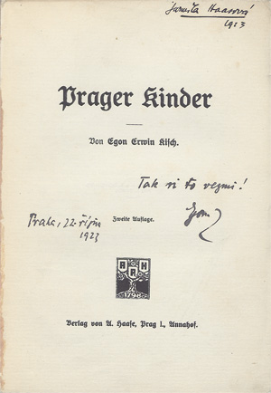 Lot 3006, Auction  118, Kisch, Egon Erwin und Haasová, Jarmila, Prager Kinder. Widmungsexemplar