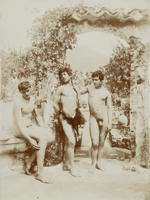 Lot 4041, Auction  118, Gloeden, Wilhelm von, Three male nudes on terrace in Arcadian scene