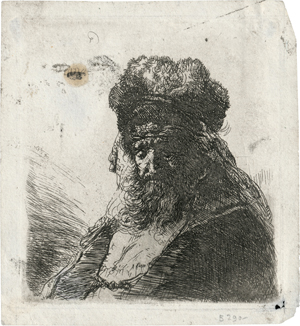 Lot 5594, Auction  118, Rembrandt Harmensz. van Rijn, Niederblickender Greis in hoher Pelzmütze