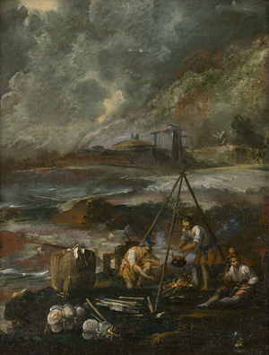 Lot 6031, Auction  118, Italienisch, 18. Jh. Drei Männer am Lagerfeuer bei stürmischer See
