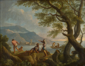 Lot 6034, Auction  118, Locatelli, Andrea - Umkreis, Küstenlandschaft mit sitzendem Krieger und Fischern am Ufer / Küstenlandschaft mit stehendem Krieger und Fischern im Boot