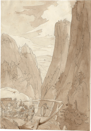 Lot 6349, Auction  118, Nadorp, Franz Johann Heinrich, Ansicht der Via Mala mit Kutsche und Reisenden sowie einem zeichnenden Künstler