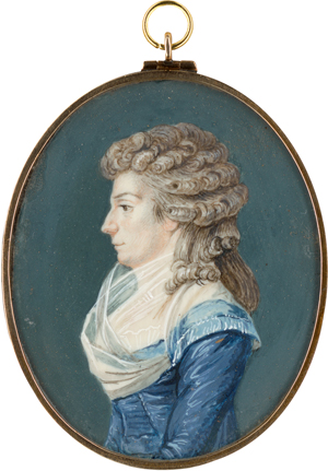 Lot 6452, Auction  118, Deutsch, um 1785/1790. Miniatur Portrait einer jungen Frau mit Lockenperücke, im Profil nach links, in blauem Kleid