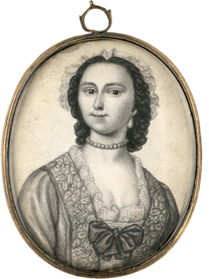 Lot 6474, Auction  118, Ferguson, James, Portrait Miniatur einer jungen Frau mit Spitzenhäubchen, Perlenhalskette und am Dekolleté Schleife