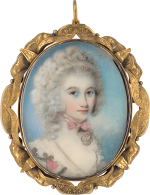 Lot 6475, Auction  118, Engleheart, George - Umkreis, Miniatur Portrait einer jungen Frau mit rosa Schleife um den Hals