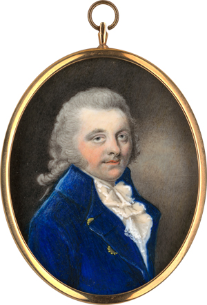 Lot 6476, Auction  118, Thick(e), William, Portrait Miniatur eines jungen Mannes in blauer Jacke mit weißem Jabot