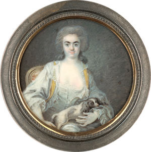 Lot 6479, Auction  118, Französisch, um 1780/1785. Miniatur Portrait einer jungen Frau in weißem Kleid, einen King Charles Spaniel auf dem Schoß haltend