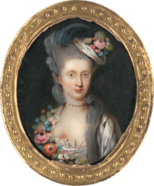 Lot 6491, Auction  118, Deutsch, um 1775. Miniatur Portrait einer jungen Frau mit blumengeschmücktem Hut im grau gepuderten Haar