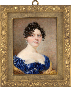 Lot 6513, Auction  118, Britisch, um 1815/1820. Miniatur Portrait der Elizabeth Besley Dunsford in dunkelblauem Samtkleid mit gelbem Schal