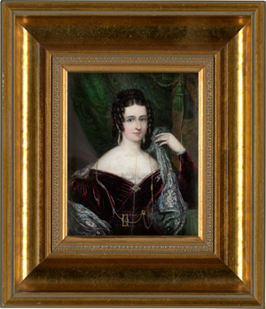 Lot 6520, Auction  118, Dubisson, William C., Miniatur Portrait einer jungen Frau mit Goldschmuck, einen weißen Schleier haltend