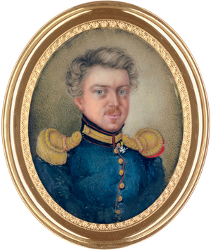 Lot 6526, Auction  118, Deutsch, um 1820/1830. Miniatur Portrait eines württembergischen Hauptmanns in blauer Uniform mit Goldepauletten; plus Offizier