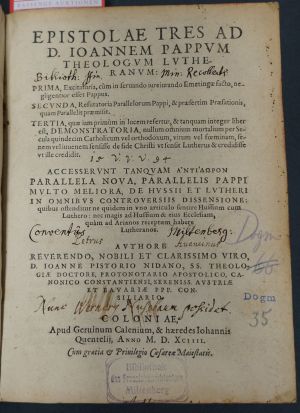Lot 1050, Auction  119, Pistorius, Johann, Epistolae tres ad Ioannem Pappum theologum Lutheranum + Beiband