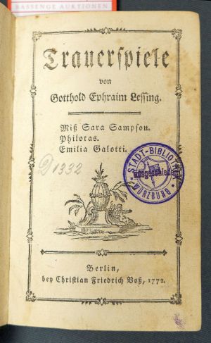 Lot 2104, Auction  119, Lessing, Gotthold Ephraim, Trauerspiele