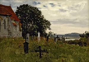 Lot 6186, Auction  119, Deutsch, 1873. Feldsteinkirche mit Gottesacker im Abendlicht