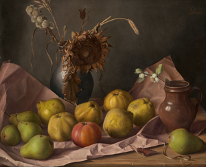 Lot 6383, Auction  119, Lindenau, Erich, Stilleben mit Quitten, Äpfeln, Birnen und einer Sonnenblume