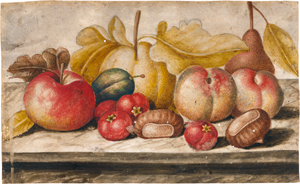 Lot 6389, Auction  119, Monfort, Octavianus, Melone, Pfirsiche und Esskastanien auf einer Marmorplatte
