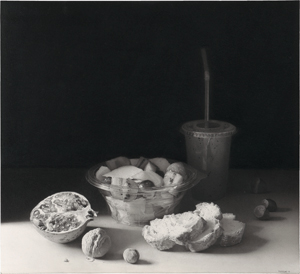 Lot 6396, Auction  119, Santilari, Pere, "Still life XLI": Fruchtsalat, Granatapfel, Brot, Nüsse und Smoothie