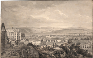 Lot 6600, Auction  119, Tischbein d. Ä., Johann Heinrich, Blick über Kassel auf die Fulda, links mit der Baustelle des neuen Schlosses