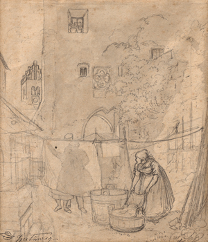 Lot 6702, Auction  119, Spitzweg, Carl, Kompositionsstudie zum Gemälde "Die Sonne bringt es an den Tag - Nichts ist so fein gesponnen, kommt alles an die Sonnen (Wäscherin)"