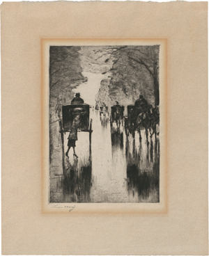 Lot 7338, Auction  119, Ury, Lesser, Regennasse Tiergartenallee mit Pferdedroschken: Dame mit Schirm überquert die Straße