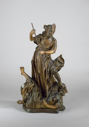 Lot 1509, Auction  120, Erzengel Michael, besiegt Luzifer im Höllenfeuer. Skulptur aus Hartholz