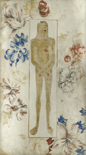 Lot 1593, Auction  120, Vera-ikon, Exvoto auf Pergament mit aufmontiertem, konturbeschnittener Zeichnung des Schmerzenmannes in Farben auf Seide