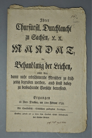 Lot 1599, Auction  120, Mandat, die Behandlung der Leichen,, und todtscheinende Menschen betreffend