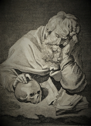 Lot 1650, Auction  120, Prenner, Anton Joseph von, Der Heilige Hieronymus in seiner Studierstube mit Totenschädel und Manuskripten. Kupferstich