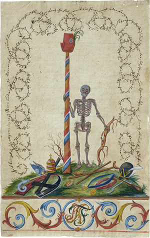 Lot 1654, Auction  120, Kalligraphisches Memento-Mori, Gouachemalerei mit kalligraphischer Schlingenbordüre 